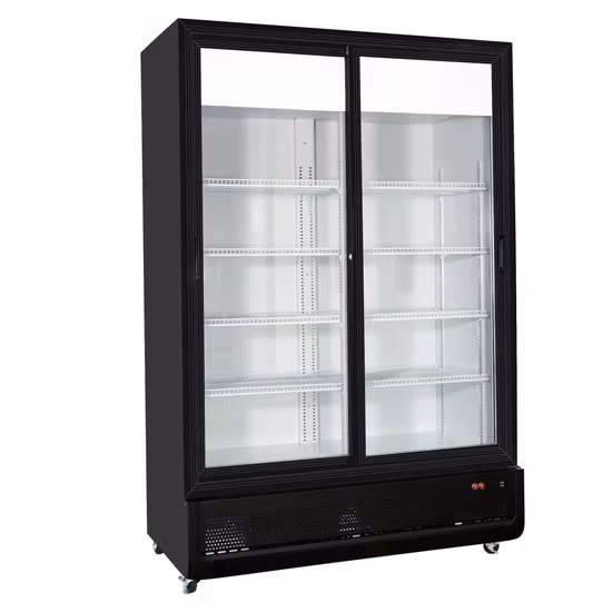 Fashion Design Black Color Store Dynamic Cooling Double Glass Doors Auto Defrost Upright Display Refrigeration Equipment